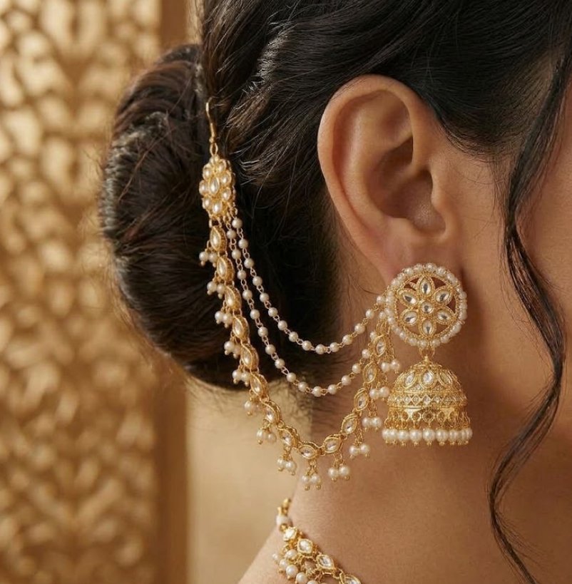 Pearl Chain Jhumka Earrings with Ear Chains